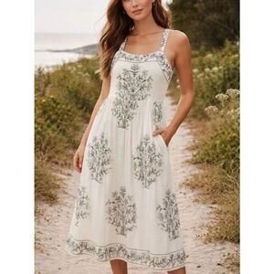 Nibi MTK Zena Vert Victorian Strap Cream Floral Embroidered Sundress Size L